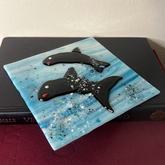 Orcas in the Ocean Handmade Fused Art Glass Tile - Picture 4 of 4